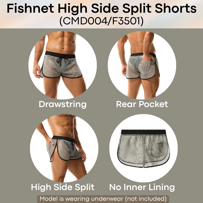 Men's Shorts: Polyester Fish Net See Through with Drawstring/Rear Pocket Shorts (F3501/CMD004)