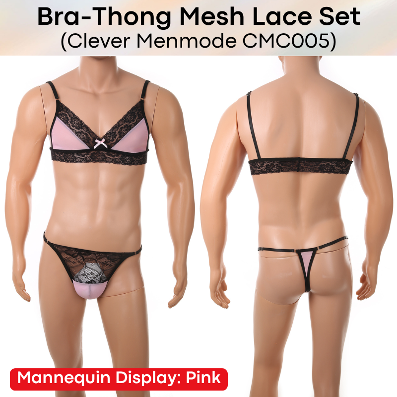 Men's Thong: Nylon Lace-Mesh Chest Bra and Thong Underwear Set (CMF006)
