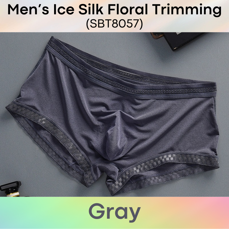 Men's Boxer : Ice Silk Floral Lace Trimming, Almost Translucent Boxer Brief Trunk (SBT8057)