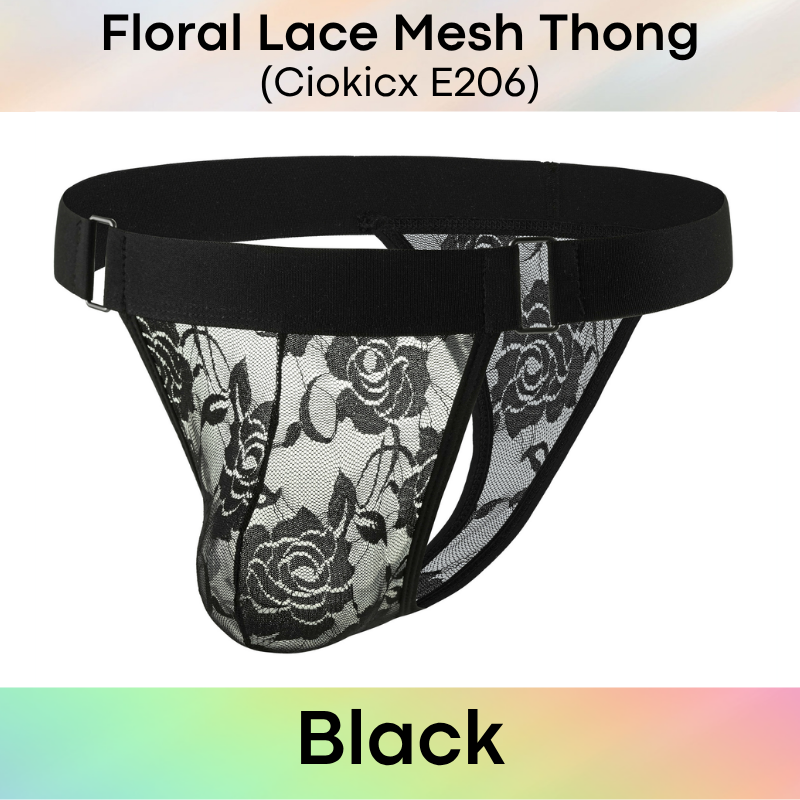 Men's Thong: Polyester Floral Lace Mesh See Through Thong Underwear (E206)