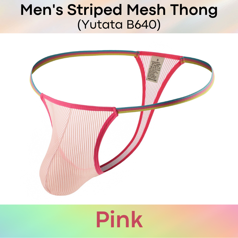 Men's Thong : Striped Mesh See Through with Thin Rainbow Waistband (Yutata B640)