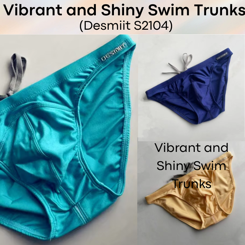 Men's Swimwear: Nylon Bikini Drawstring Swimming Trunks with 3D Convex Pouch Strip in Shiny Colours (S2104)