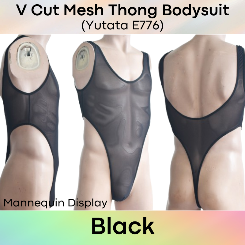 Mens Bodysuit: Polyester Mesh V Cut Thong Bodysuit Underwear (E776)