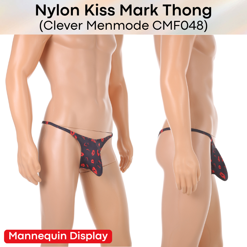 Men's Thong: Nylon Kiss Mark Print Low Waist Thong Underwear (CMF048)