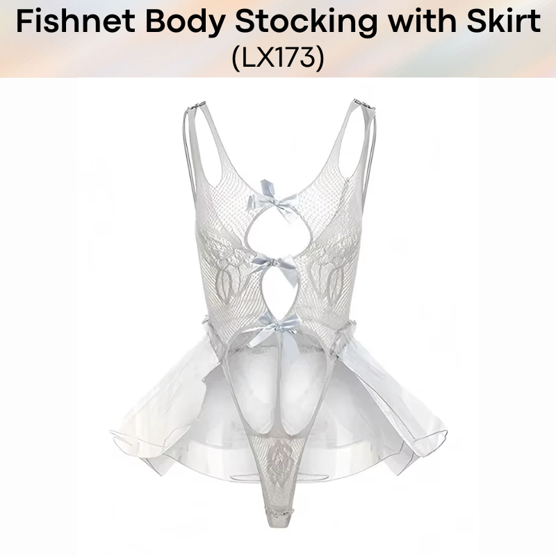 Unisex Underwear: Polyester Gray Bodysuit with Open Front Mini Skirt and Thong Underwear Set (LX173)
