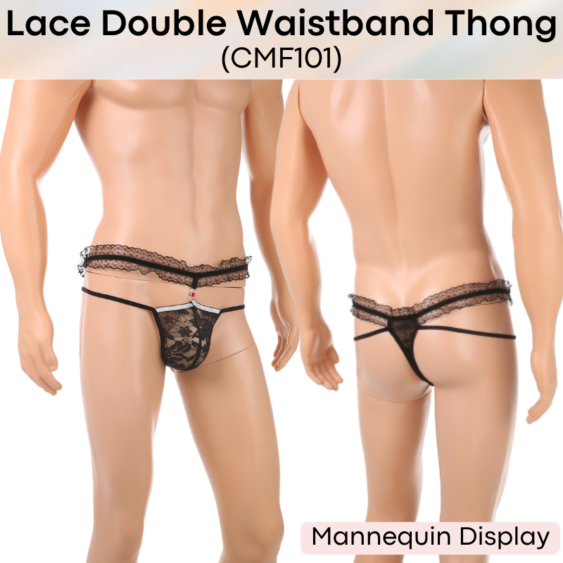 Men's Thong: Polyester Floral Lace Double Waistband Thong Underwear (CMF101)