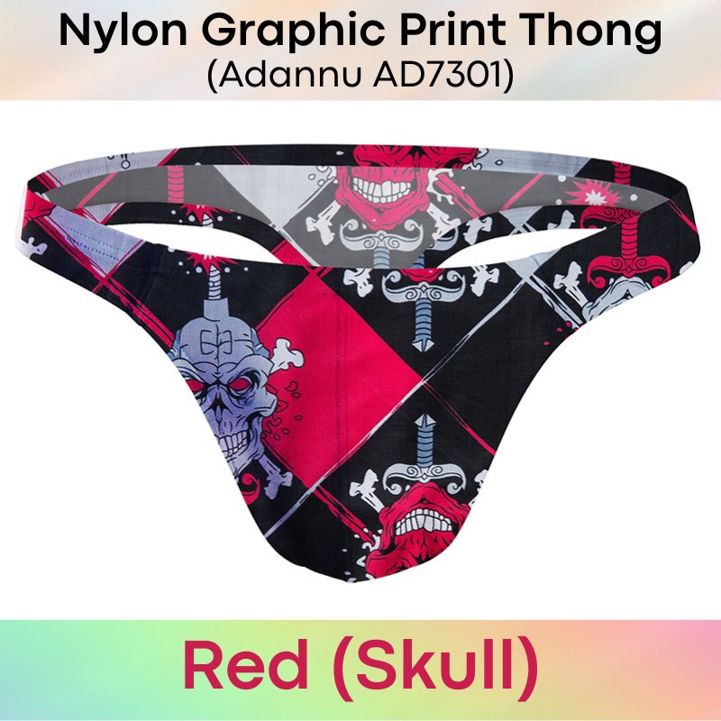 Men's Thong: Nylon Graphic Print Low Waist T Back Thong Underwear (AD7301)