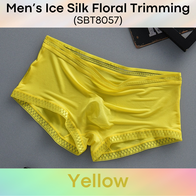 Men's Boxer : Ice Silk Floral Lace Trimming, Almost Translucent Boxer Brief Trunk (SBT8057)