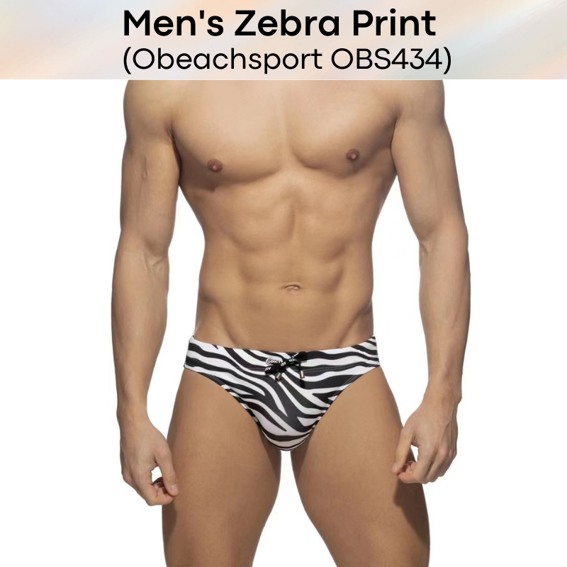 Men's Swimwear : Classic Zebra Print with Draw String Brief Swim Trunks (Obeachsport OBS434)