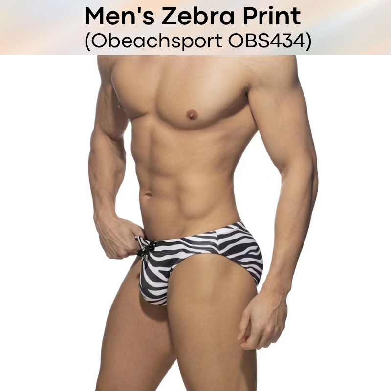 Men's Swimwear : Classic Zebra Print with Draw String Brief Swim Trunks (Obeachsport OBS434)