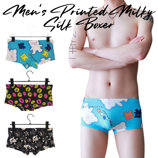 Men's Boxer : Printed Bear/Kisses/Skull Milky Silk Underwear (OB223)