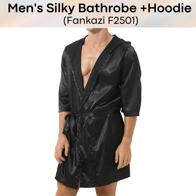 Men's Bathrobe : Silky Night Robe with Hoodie (Fankazi F2501)