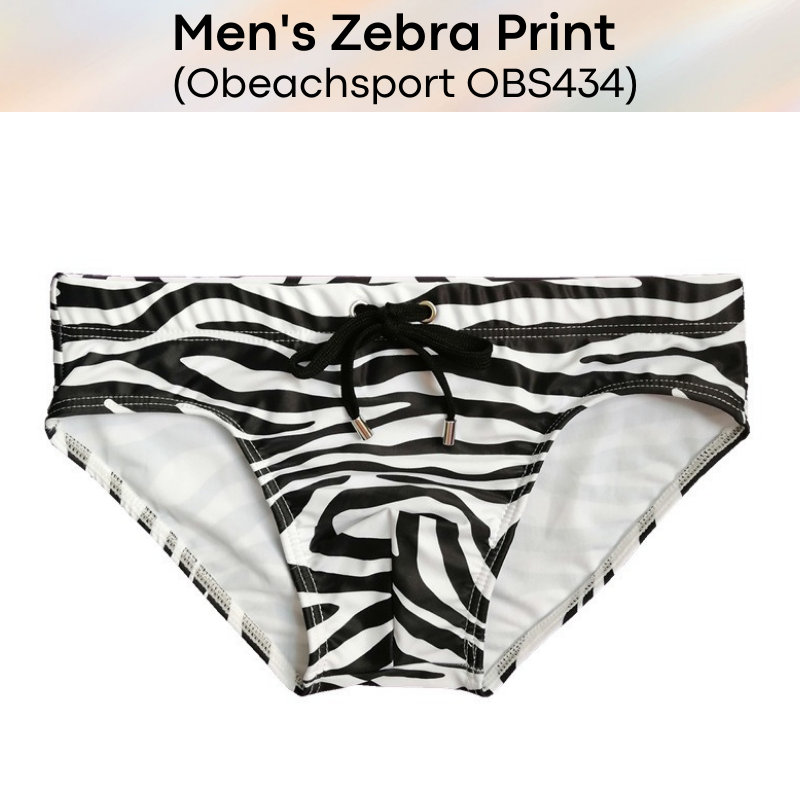 Men's Swimwear : Classic Zebra Print with Draw String Brief Swim Trunks (Obeachsport OBS434)