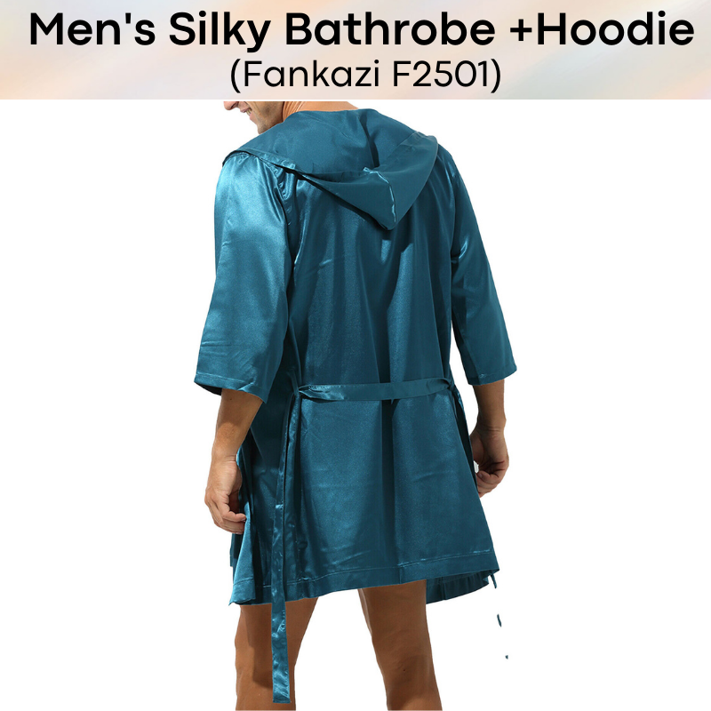 Men's Bathrobe : Silky Night Robe with Hoodie (Fankazi F2501)