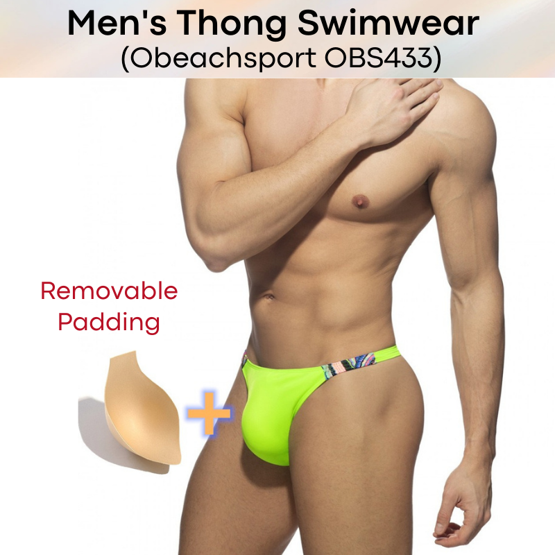 Men's Swimwear : Side Floral Print Thong with Removable Modesty Padding (OBS433)