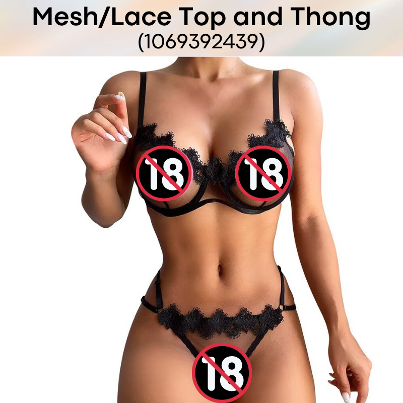 Underwear : Mesh/Lace Bikini Top and Thong Set (1069392439)